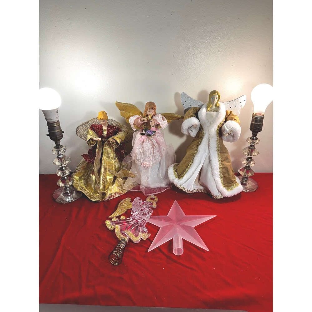Christmas Tree Topper Lot of 5 Angels and Star Gold Pink Burgundy